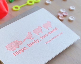 5 Pack, SALE PRICE Cute birthday card,  Funny, punny cute card. 'Hippo Birdy Two Ewes' - quirky fun animal card. Bird, Hippopotumus, Sheep.