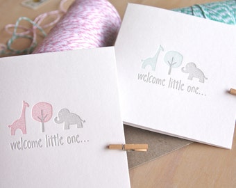 5 Pack, SALE PRICE Cute Baby card, New baby boy, new baby girl, congratulations, Welcome little one, giraffe and elephant, blank inside