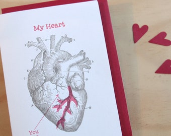 5 Pack, SALE PRICE Valentine's Day, greeting card, Mother's day anatomical heart, vintage image black and red ink made in Australia