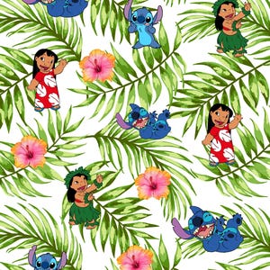 May include: A repeating pattern featuring blue Stitch characters, Lilo in a red dress, Lilo in a green hula skirt, and pink hibiscus flowers set against a background of green palm leaves on a white surface.