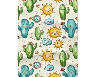Kawaii Sonne und Kaktus Muster Baby Decke | Süße Wölkchen in der Wüste