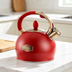 May include: A red, round stovetop kettle with a curved handle and spout. The handle and lid knob are red, while the handle supports and spout are gold-toned. A small, gold-toned plaque with text is on the front. The kettle is on a white countertop.