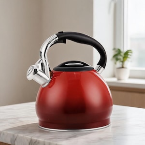 May include: A shiny red stovetop kettle with a black handle and spout. The kettle has a silver spout and a black lid. The kettle is sitting on a marble countertop. The kettle is designed for boiling water.