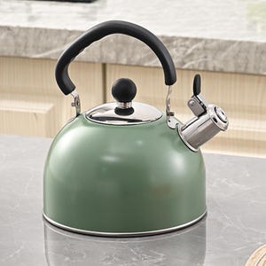 May include: A sage green stovetop kettle with a black handle and spout. The kettle has a stainless steel spout and lid. The handle is arched and the lid has a small black knob. The kettle is sitting on a gray countertop.