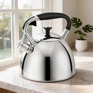 May include: A shiny, stainless steel stovetop kettle with a black handle and lid knob. The kettle has a rounded body and a spout with a whistle. The handle is arched and attached to the body with chrome fixtures. The kettle is sitting on a marble countertop.