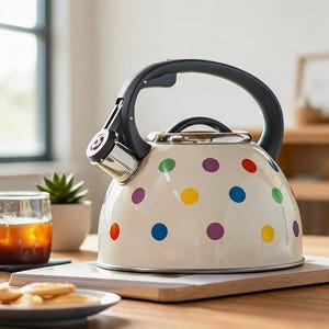 May include: A cream-colored stovetop tea kettle featuring a pattern of multicolored polka dots in red, blue, yellow, purple, and green. The kettle has a black handle, a matching black lid knob, and a stainless steel spout with a whistle mechanism.