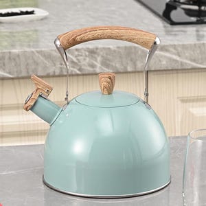 May include: A light blue tea kettle with a wooden handle and spout detail. The kettle has a silver base and a wooden knob on the lid. The handle is made of wood and metal. The kettle is sitting on a gray countertop.