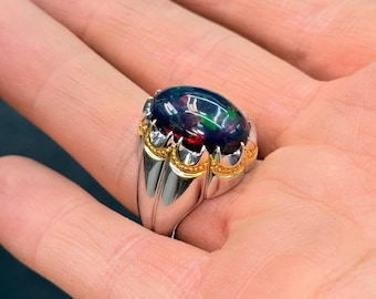 AAA+ Natural Black Opal Ring – 925 Sterling Silver Men's Fire Opal Jewelry