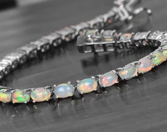 Natural Fire Opal Tennis Bracelet – Sterling Silver, October Birthstone