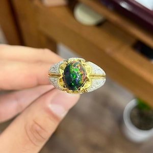 Natural Black Fire Opal Mens Ring, 925 Sterling Silver Amazing True Ton Men&#39;s Ring, Genuine Opal Cabochon Ring, Wedding Men Ring, Opal Ring