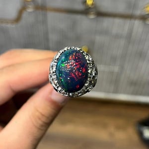7Ct Natural Fire Opal Men&#39;s Ring, 925 Sterling Silver Multi Fire Opal Men&#39;s Ring, October Birthstone Ring For Him,  Big Opal Ring For Him