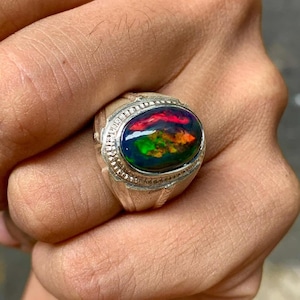 Fire Black Opal Ring: Handmade Sterling Silver Mens Ring, October Birthstone