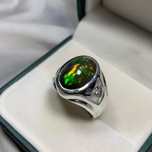 Black Fire Opal Men&#39;s Ring: Sterling Silver Three Stone Wedding Band