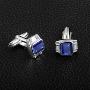 Dainty Blue Sapphire Cuff links, 925 Sterling Silver Blue Sapphire Emerald Cut Unique Cufflinks, Blue Stone Cufflinks, Cufflinks For Men