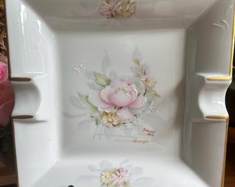 Vintage Limoges Porcelain Floral Ashtray: Signed R. Brousse, French Home Decor
