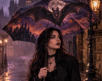 May include: A large umbrella featuring a printed canopy with a dark, atmospheric scene of a bat flying in front of a full moon, silhouetted trees, and a gothic castle structure against a purple and orange sunset sky, with a black handle and frame.