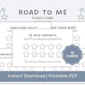 Può includere: Una scheda perforata stampabile bianca con il testo "Road to Me" e "Punch Card". La scheda include sezioni per la gratitudine, il movimento del corpo e la nutrizione. La scheda ha un sistema di valutazione a stelle e il testo "Instant Download | Printable PDF".