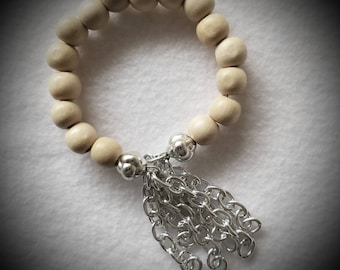 Wood beads and silver chain memory wire bracelet.