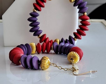 Bold red, purple and gold memory wire hoop earrings. Afrocentric. Ethnic. Tribal. Hoop Earrings. Memory Wire earrings.
