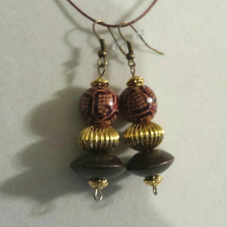 Brown wood and gold necklace with matching earrings. Etsy