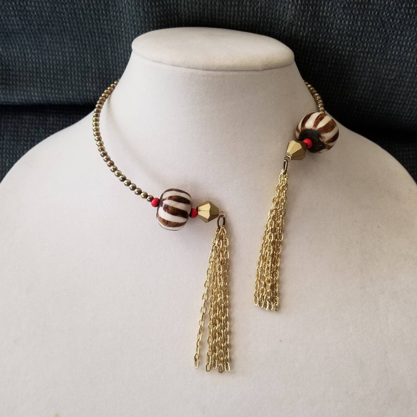 Open front memory wire choker necklace with gold chain fringe. Etsy