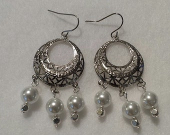 FREE SHIPPING. Short silver and white pearl filigree chandelier earrings