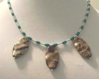 Boho, oval landscape stones, with turquoise and silver necklace