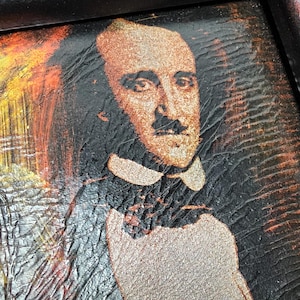 Laser Edgar Allen Poe leer geëtst aangepast portret ingelijst 4 x 6 raaf goth dichter