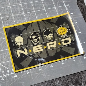 May include: A rectangular sticker with a yellow border and the word "NERD" in gold letters. The sticker features four illustrated faces and a yellow brain graphic. The background is a dark olive green with a basketball design.