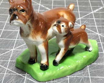 Vintage ceramic boxer dog & puppy figurine japan mid century 5.5x4.5x3 decor