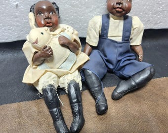 2 Vintage resin black folk children art dolls farm dress overalls bunny ebony