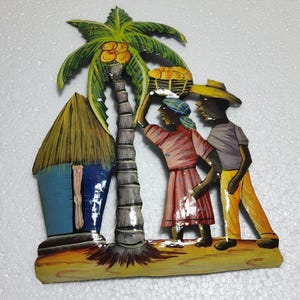 Vintage Haitian steel drum Wall Art Metal Hand Painted couple Palm Tree hut 9x12