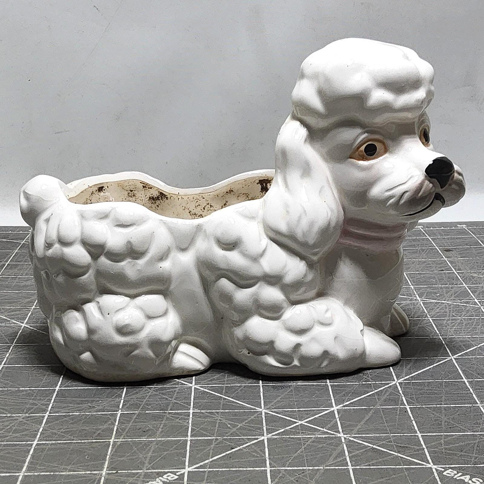 Vintage 80s Relpo Puppy Poodle Dog Planter #7071 White Pink Bow