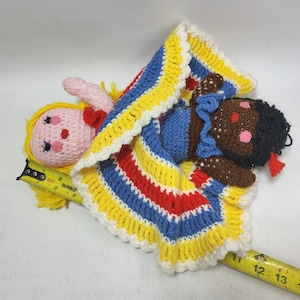 Handmade topsy turvy Vintage african american/Caucasian Crochet Doll Reversible