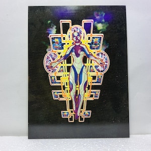 Custom floating cyborg fembot colorful portal pinball 80s vibe fantasy scifi art