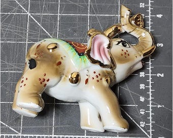 Vintage 4.5x4.5x2 porcelain gold elephant glaze hand painted trunk up asian art