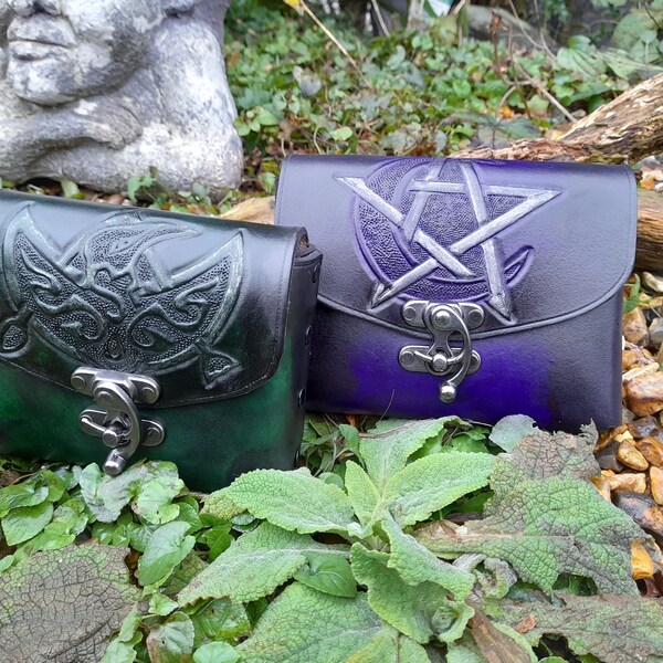 Handcarved real leather belt pouch Goddess / Pentagram & Celtic Raven Designs