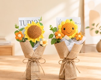 Gehäkelter Blumenstrauß, handgefertigtes gestricktes Blumengeschenk, Dankeschön, Geschenk für Lehrer, niedliches Schreibtischdekor