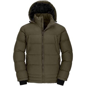 Peut inclure: Veste matelassée vert olive avec capuche et doublure noire. La veste est dotée d'une fermeture éclair intégrale, de deux poches latérales et de poignets noirs. Conçue pour le froid.