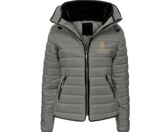 Chaqueta acolchada ligera para mujer: abrigo de invierno gris aislante con capucha
