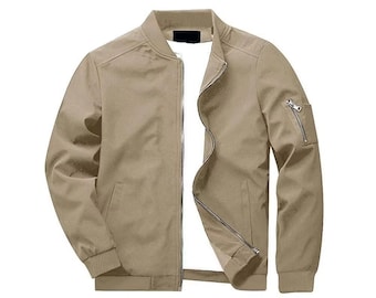 Chaqueta bomber beige para hombre: prenda informal ligera con cremallera / Diseño y ajuste personalizados disponibles