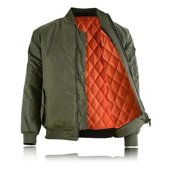Men's Green Bomber Jacket With Orange Quilted Lining | Military