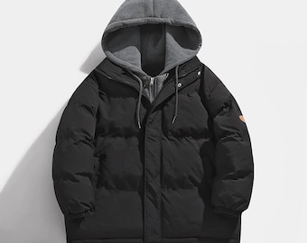Grijze herendonsjas met capuchon – warme gewatteerde winterjas, casual streetwear-bovenkleding