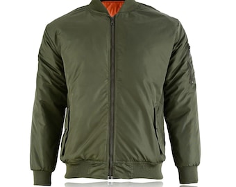 Men’s Green Bomber Jacket with Orange Quilted Lining | Military Flight Style Reversible Lightweight Jacket