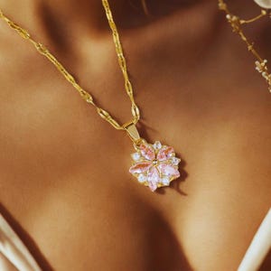 Pink Sakura Pendant Necklace – Stainless Steel Cherry Blossom Jewelry