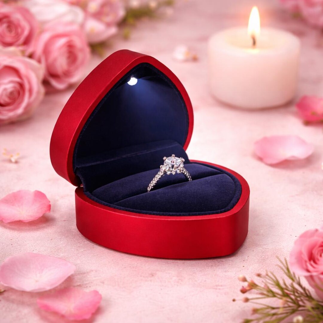 Heart Shaped LED Ring Box for Proposal, Red Velvet Jewelry Box for ...