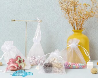 100pcs White Organza Gift Bags - Drawstring Pouches For Weddings & Parties
