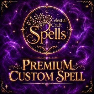 May include: A circular emblem featuring a golden tree with glowing leaves, set against a deep purple nebula background. The text reads Celestial Craft Spells in the centre and PREMIUM CUSTOM SPELL in large gold lettering at the bottom of the frame.