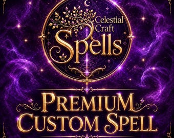 May include: A circular emblem featuring a golden tree with glowing leaves, set against a deep purple nebula background. The text reads Celestial Craft Spells in the center and PREMIUM CUSTOM SPELL in large gold lettering at the bottom of the frame.