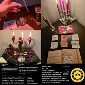 May include: A collection of ritual items including a silver candelabra with four lit pink candles, various paper sigils with occult symbols, a vintage book with handwritten text, a crystal sphere, a small knife, and dried flower petals.
